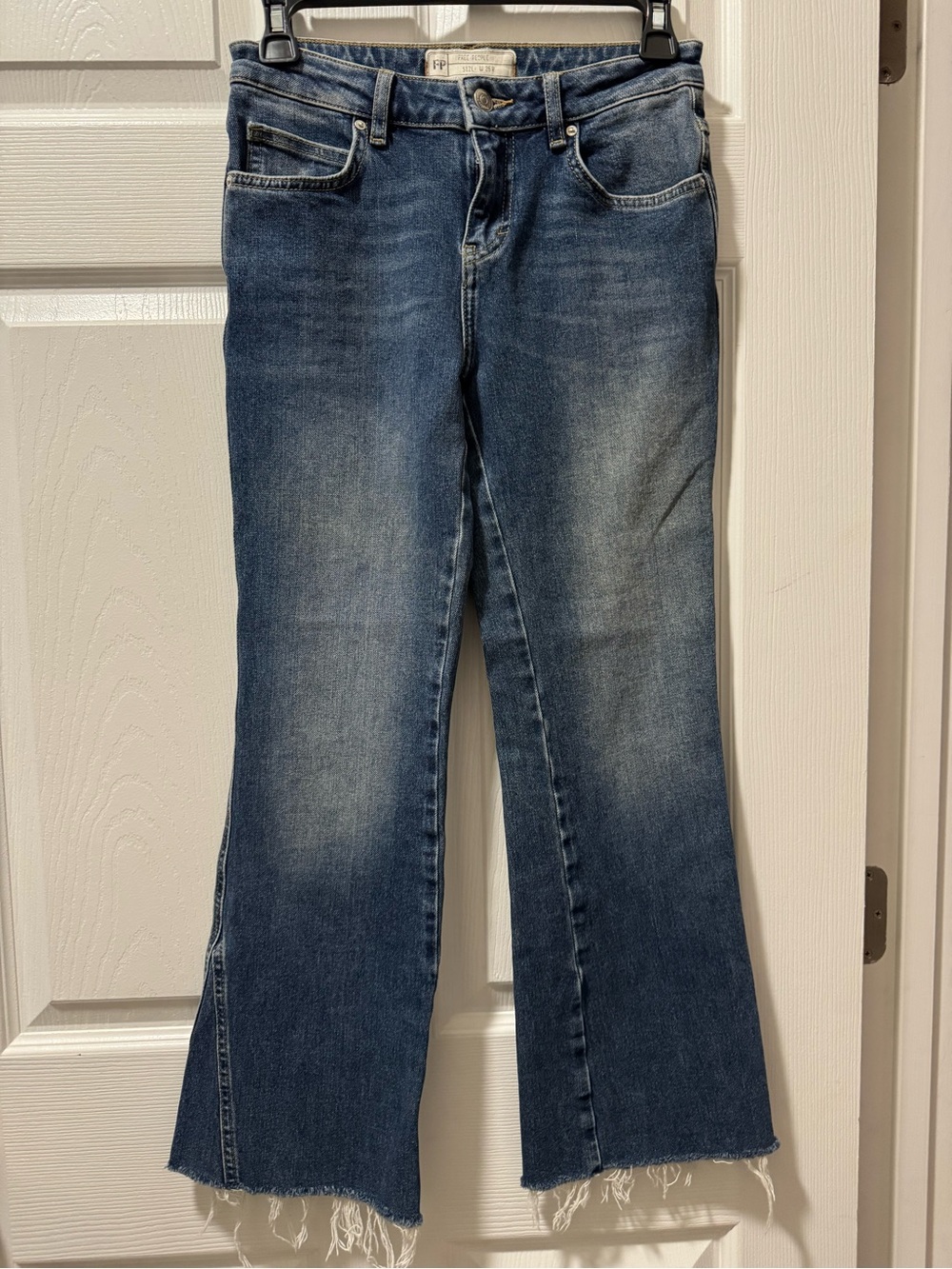 Free People Distressed Medium Blue Flare Jeans
